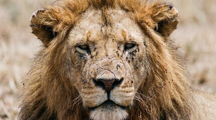 Fototapeta premium Striking close-up portrait of a wild male lion staring directly into the camera lens.