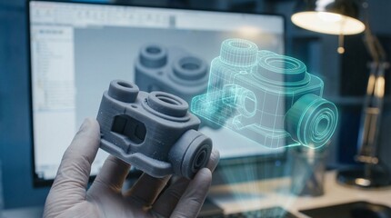Concept of hands holding a grey 3D printed mechanical part overlayed with a glowing blue digital CAD hologram. © Omishu Makes