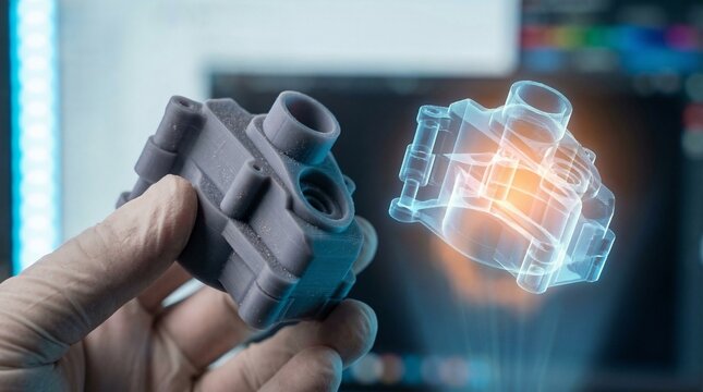 Concept of hands holding a grey 3D printed mechanical part overlayed with a glowing blue digital CAD hologram.