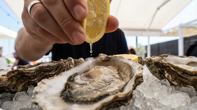 POV close up of a hand squeezing a fresh yellow lemon half over a raw oyster on the half shell.
