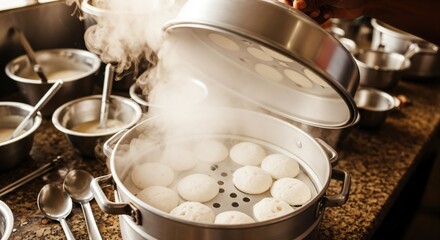 Traditional South Indian Idli Steaming in Large Metal Pot with Steam Rising