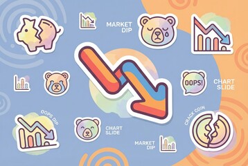 Fototapeta premium Visualizing Market Fluctuations with Graphical Representations of Economic Trends Illustrated through Colorful Icons and Symbols Expressing Market Dip Situations