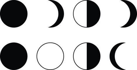 月の満ち欠けを表すイラストのセット、満月から新月までの変化を示す. © Muhammad