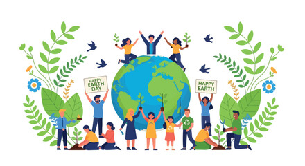 Fototapeta premium Illustration of a diverse group of people gathered around the Earth with signs and surrounded by leaves and flowers on a white background with a vibrant and eco-friendly mood.