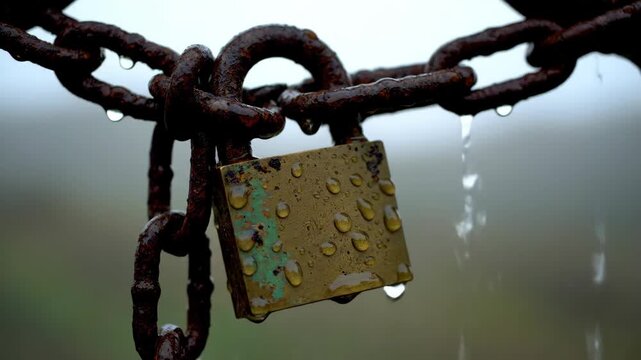 Close-up of a rusty padlock on a chain with water droplets.