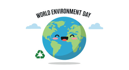 Fototapeta premium Illustration of a smiling Earth with rosy cheeks and a recycling symbol for World Environment Day on a white background with clouds.