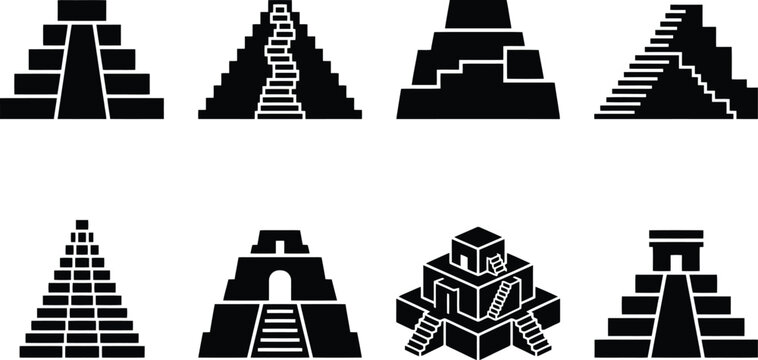 Conjunto de iconos de pir&aacute;mides y templos antiguos, con escaleras y estructuras arquitect&oacute;nicas de civilizaciones precolombinas.