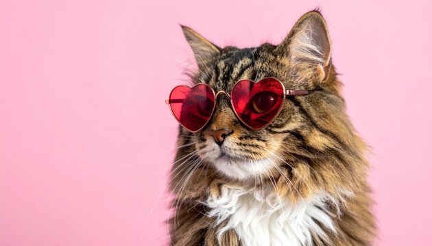 Portrait of a fluffy tabby cat wearing red heart-shaped sunglasses against a bright pink background. Concept of pet fashion and humor