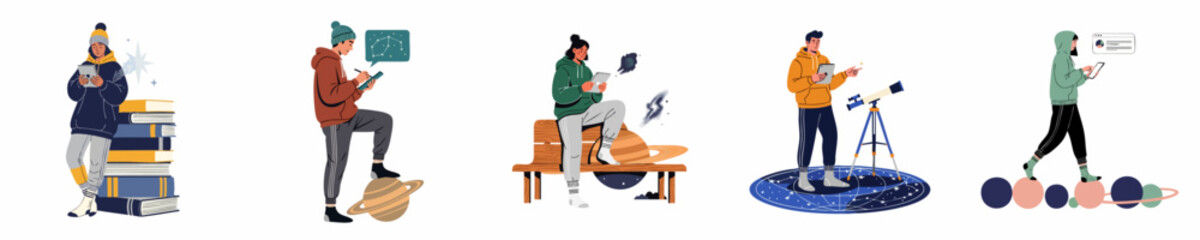 Vector illustration set of young people studying astronomy and space using digital tablets and telescopes, exploring planets and constellations in a modern flat style. © Isabella