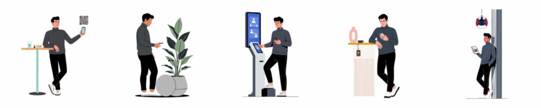 Set of flat illustrations featuring a man using modern technology, digital kiosks, smartphones, and QR codes in various settings.