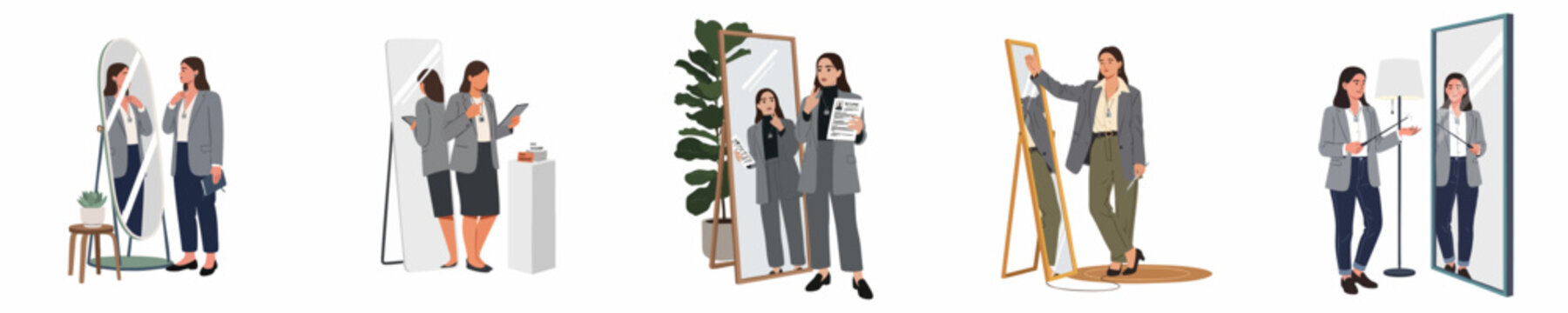 Collection of illustrations showing a professional woman rehearsing speeches, interviews, and presentations in front of a mirror for career success.