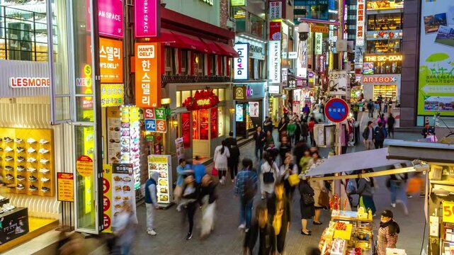 Crowded Myeongdong Pedestrian Street with Neon Signs at Night Seoul