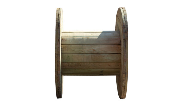Wooden cable spool isolated on white background. Industrial cable drum for construction and telecommunications wiring.