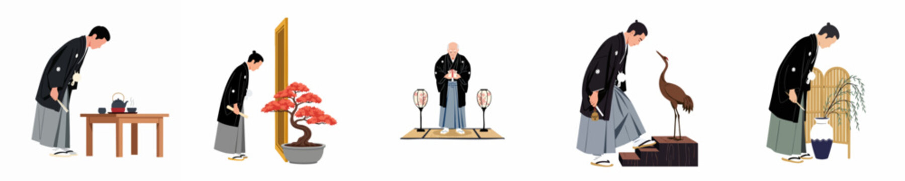 Collection of flat vector illustrations depicting Japanese men in traditional kimono and hakama performing various cultural ceremonies and acts of respect.