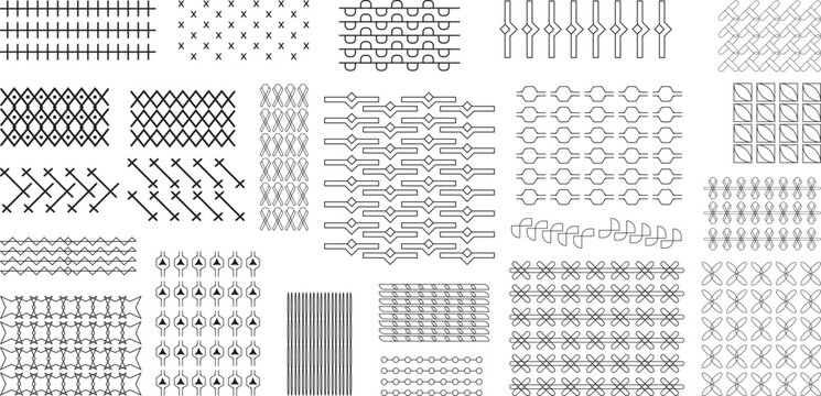 Sewing stitch pattern vector collection embroidery seam stitches set tailoring needlework textile craft line icons decorative stitching elements for fashion design guide