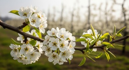 Fototapeta premium Delicate pear tree blossoms in clusters on a branch bathed in soft spring sunlight