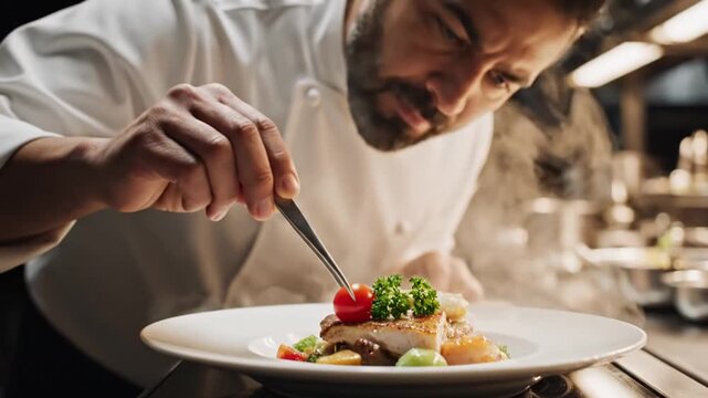 Chef plating gourmet fish dish with precision in professional kitchen