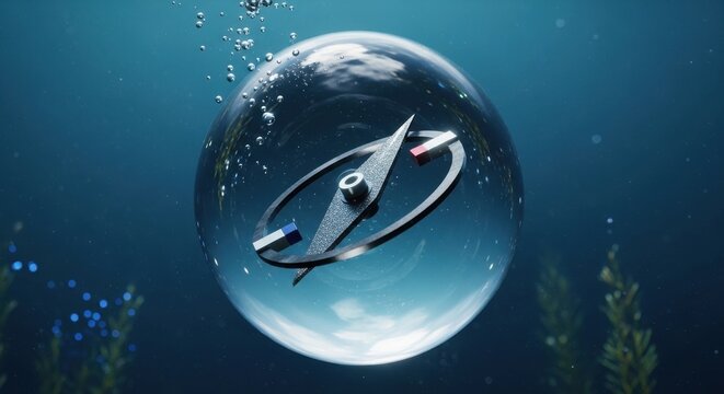 Nautical Compass Encased in Crystal Sphere Underwater, Illustrating Maritime Exploration and Guidance