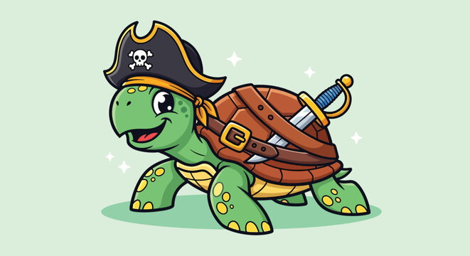 Cute Cartoon Pirate Turtle with Sword and Hat Illustration.