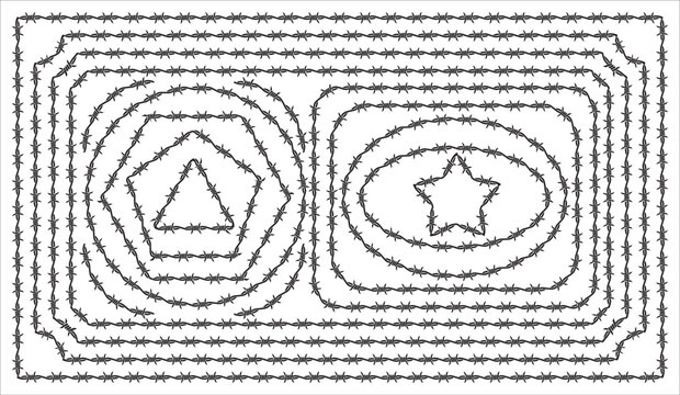 Collection of various geometric shapes and frames made from black barbed wire on a white background