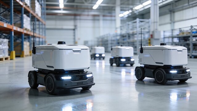 Autonomous delivery robots navigate a warehouse. They are compact, white, and equipped with lights. The environment is industrial with shelves and storage.