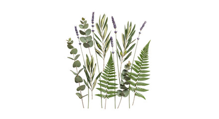 Fototapeta premium Botanical illustration of ferns and lavender isolated on transparent background