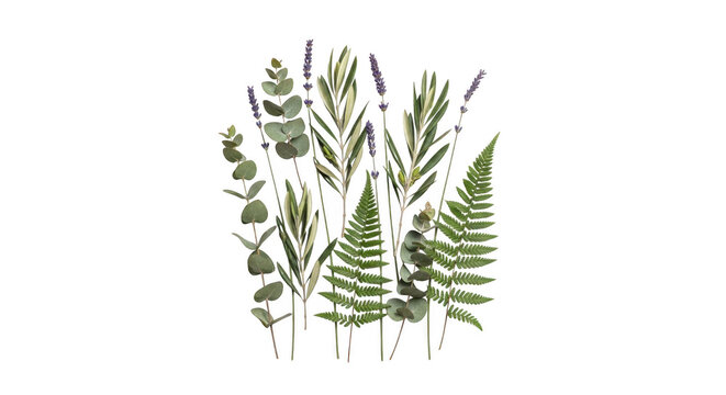 Botanical illustration of ferns and lavender isolated on transparent background