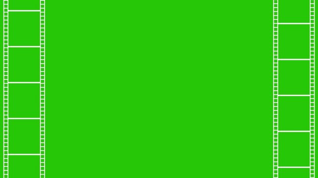 A vibrant green screen with film frame borders on both sides