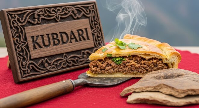 Authentic Georgian Kubdari Meat Pie Slice with Spiced Beef and Red Chidaoba Textile