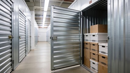 A clean, organized storage facility with metal storage units. An open unit displays stacked cardboard boxes. Bright lighting enhances the spacious interior.