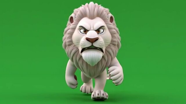 Angry White Lion Cartoon Character Heavy Stomp Walk Animation on Bright Green Screen