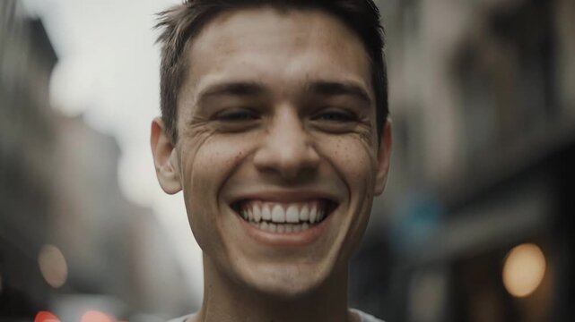 Person laughing to the camera with a city on the background