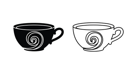 Two decorative teacups with swirling designs a striking black silhouette © Rina