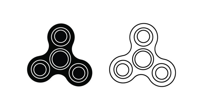 Two fidget spinner illustrations one filled and one outlined in a minimalist silhouette