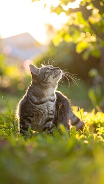 Tabby cat sits in sunlit grass, squinting with eyes closed, foliage backdrop, sun shining