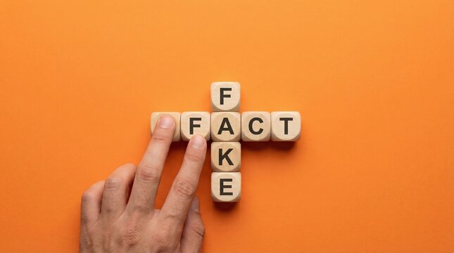 A hand arranging wooden blocks to form the words fake and fact on an orange background representing fact checking.