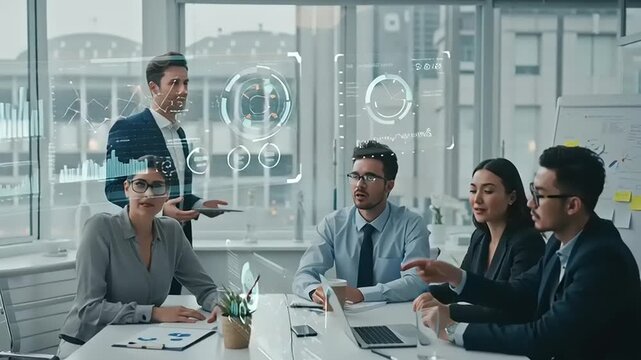 Business team meeting with futuristic interface.