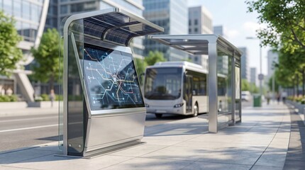 Modern tram station with digital information display and tram in urban environment, focusing on public transportation and smart city technology.