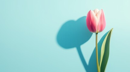 Fototapeta premium Pink Tulip on Blue Background With Clear Shadow in Bright Light During Midday