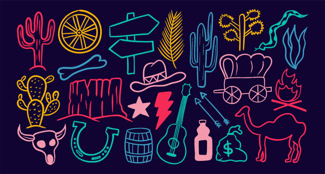 Doodle colorful western element collection illustration on dark background. Hand drawn sketch wild west desert icon set featuring colorful neon outline style for creative projects