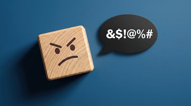 Angry wooden block with speech bubble representing verbal abuse, harassment and toxic communication.