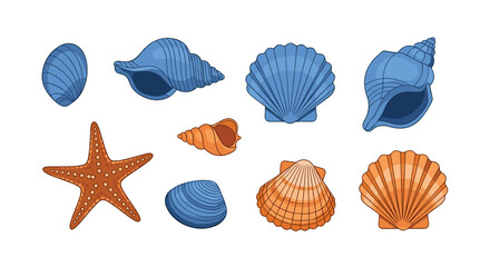 Obraz premium A vibrant assortment of nine distinct seashells and one starfish in striking blue and orange hues lies on a clean white background.