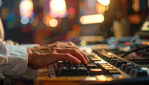 Close-up of elderly hands typing on a keyboard, with blurred, colorful background lights