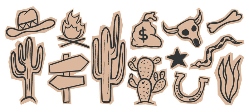 Hand drawn wild west scrapbook stickers featuring doodle desert wildlife, rustic cowboy hats, bull skulls, and campfires in a vintage, paper cut aesthetic