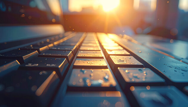 Macro shot of a wet keyboard with backlit keys, sun in background