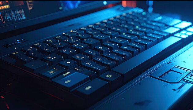 Close-up of a laptop keyboard bathed in blue light, displaying keys and screen detail