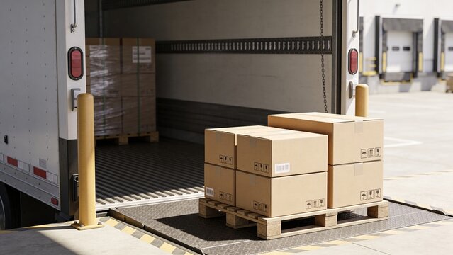 Stack of cardboard boxes on a pallet at a loading dock of a delivery truck in a warehouse setting.