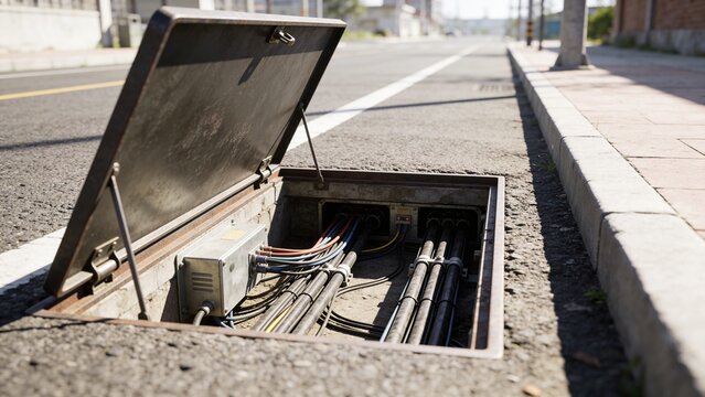 Open underground utility vault with cables and equipment on urban street, infrastructure maintenance concept.