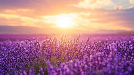 Fototapeta premium Lavender Fields Stretch Across the Landscape in the Evening Light Near a Mountain Range