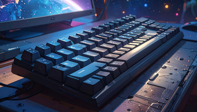 Illuminated mechanical keyboard on a desk with a monitor in a space-themed background